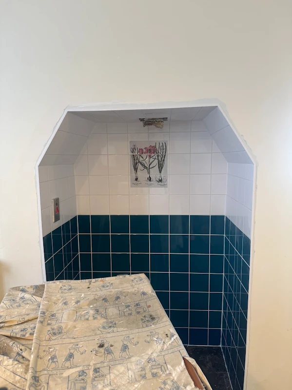Alcove with teal and white tiles and floral feature tile